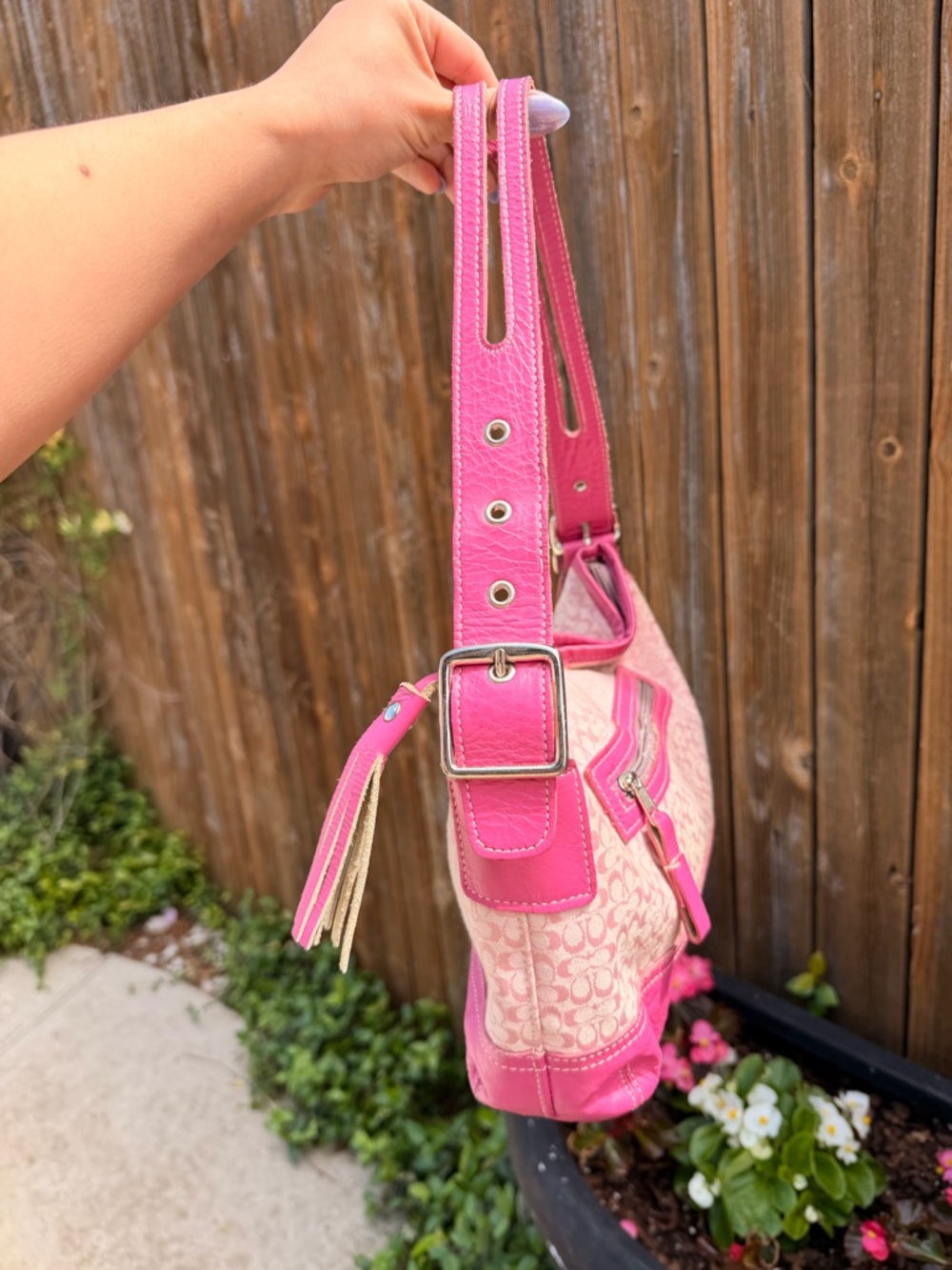 Coach Pink Patterned Shoulder Bag with Hot Pink Trim - Picture 2 of 3